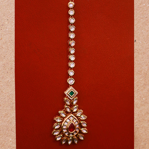 Designer Gold Plated Royal Kundan, Ruby & Emerald Maangtikka (D56)