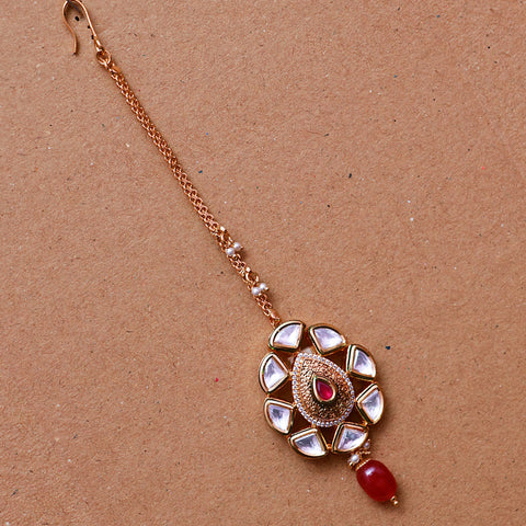 Designer Gold Plated Royal Kundan & Ruby Maangtikka (D65)