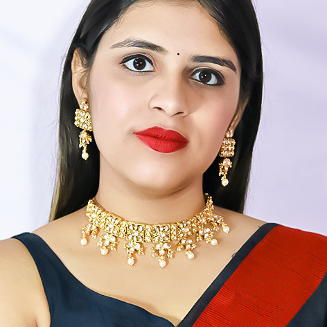 Designer Gold Plated Royal Kundan Necklace With Earrings (D572)