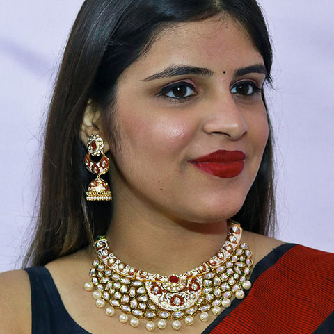 Designer Bridal Gold Plated Royal Kundan & Ruby Necklace With Earrings (D560)