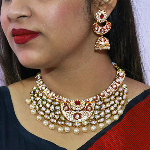Designer Bridal Gold Plated Royal Kundan & Ruby Necklace With Earrings (D560)