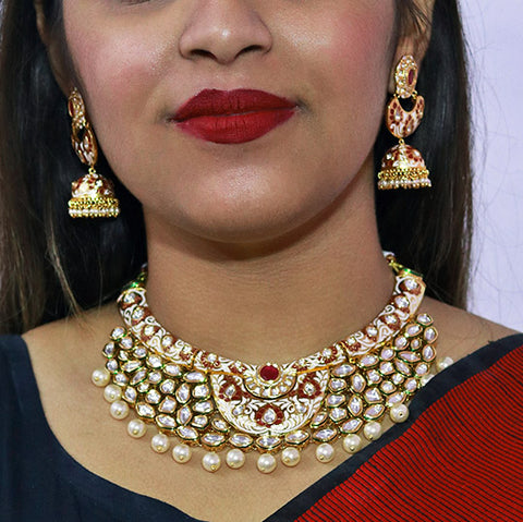 Designer Bridal Gold Plated Royal Kundan & Ruby Necklace With Earrings (D560)