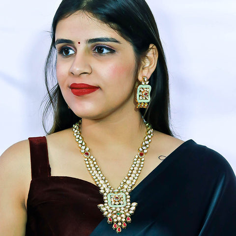 Designer Royal Kundan Red & Green Long Necklace with Earrings (D592)