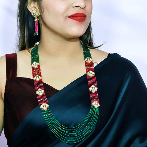 Designer Royal Kundan Red & Green Long Necklace with Earrings (D593)