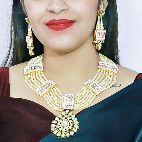 Designer Gold Plated Royal Kundan & Pink Long Necklace Set (D605)
