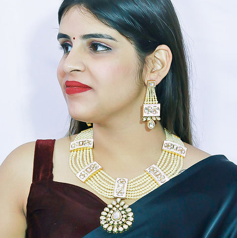 Designer Gold Plated Royal Kundan & Pink Long Necklace Set (D605)