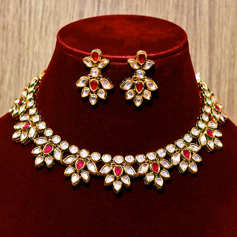 Designer Gold Plated Royal Kundan Ruby Necklace With Earrings (D583)