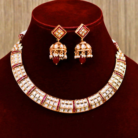 Designer Gold Plated Royal Kundan & Ruby Necklace With Earrings (D578)