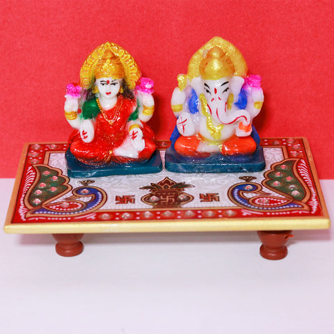 Marble Crystal Studded Lord Ganesha & Laxmi Chowki With Peacock And Kalash (D2)