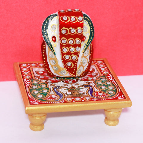 Marble Crystal Studded Lord Ganesha Chowki With Peacock And Kalash (D1)