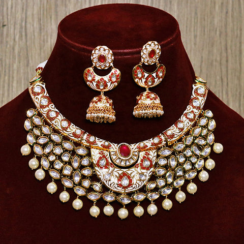 Designer Bridal Gold Plated Royal Kundan & Ruby Necklace With Earrings (D560)
