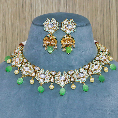 Designer Gold Plated Royal Kundan & Mint Necklace With Earrings (D565)