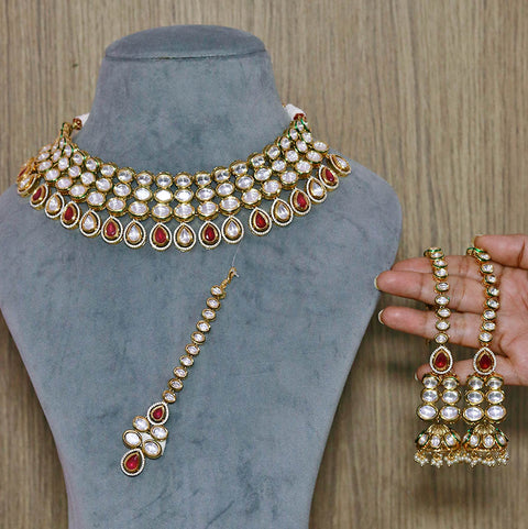 Designer Gold Plated Royal Kundan Ruby Necklace With Mang Tikka (D570)