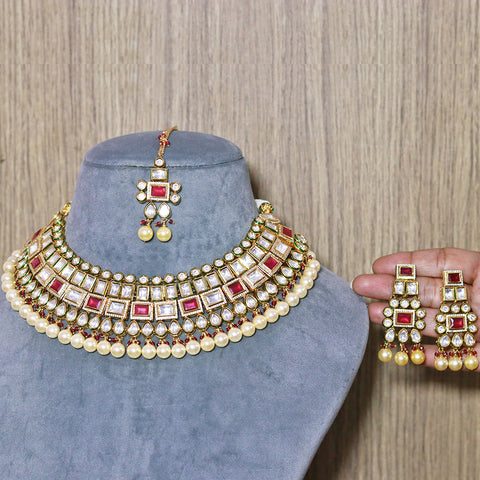 Designer Bridal Gold Plated Royal Kundan & Ruby Necklace With Mang Tikka (D561)