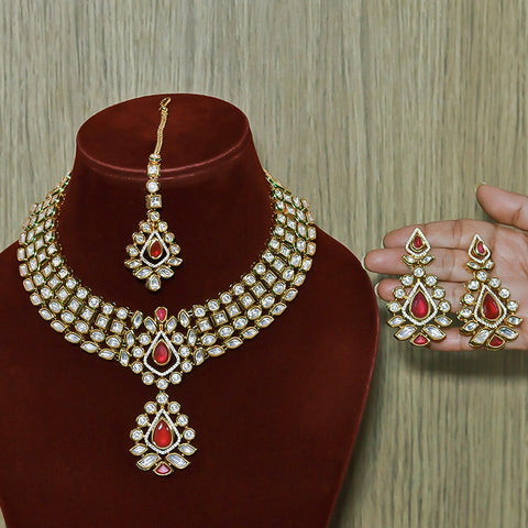 Designer Bridal Gold Plated Royal Kundan & Ruby Necklace With Mang Tikka (D559)
