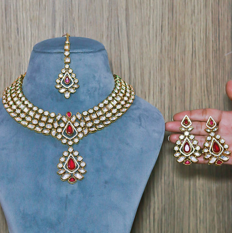 Designer Bridal Gold Plated Royal Kundan & Ruby Necklace With Mang Tikka (D559)