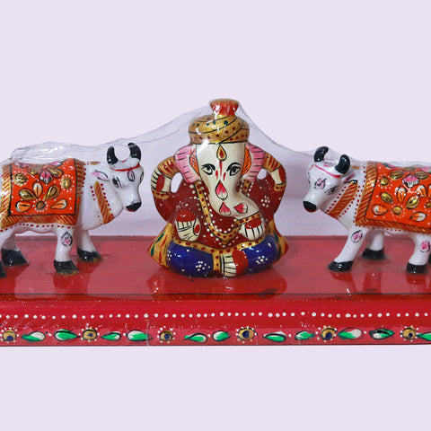 Metal Handcrafted Lord Ganesha with Standing Cow Pair on Wooden Chowki Showpiece for Home Decor (D28)