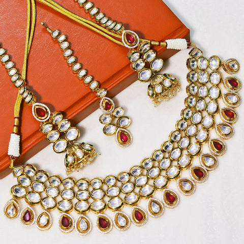 Designer Gold Plated Royal Kundan Ruby Necklace With Mang Tikka (D570)