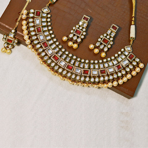 Designer Bridal Gold Plated Royal Kundan & Ruby Necklace With Mang Tikka (D561)