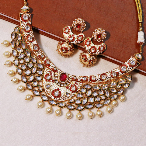 Designer Bridal Gold Plated Royal Kundan & Ruby Necklace With Earrings (D560)