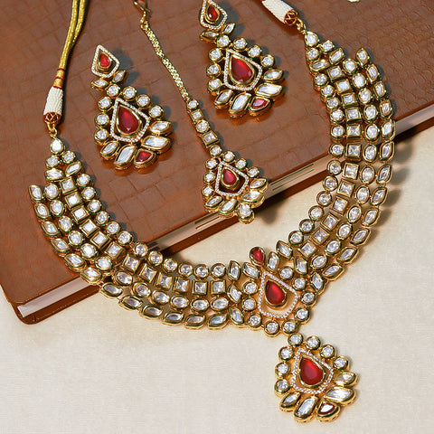 Designer Bridal Gold Plated Royal Kundan & Ruby Necklace With Mang Tikka (D559)