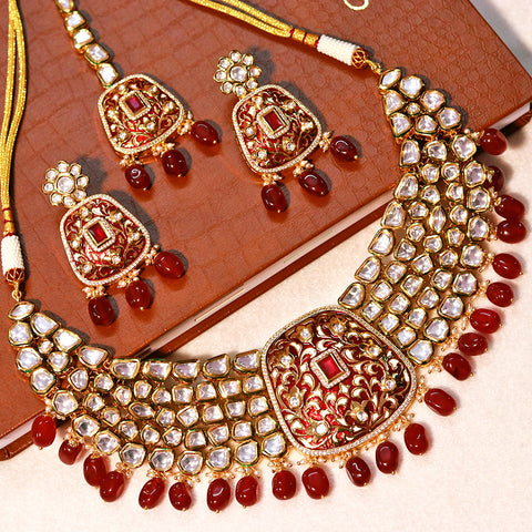 Designer Gold Plated Royal Kundan & Ruby Necklace with Earrings (D607)