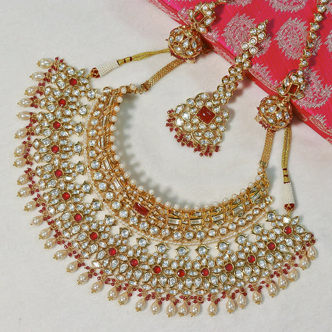 Designer Bridal Gold Plated Royal Kundan & Ruby Necklace (D558)