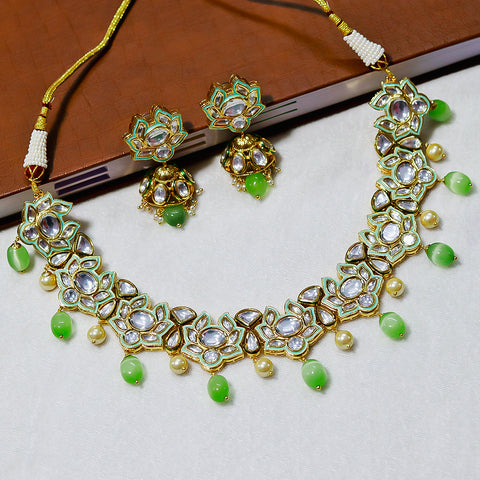 Designer Gold Plated Royal Kundan & Mint Necklace With Earrings (D565)