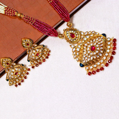 Designer Gold Plated Royal Kundan Ruby Pendant Set (D585)