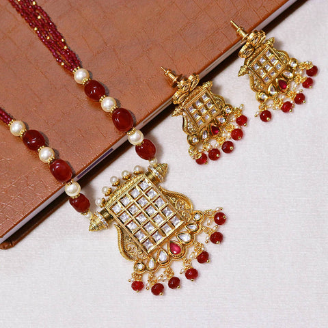 Designer Gold Plated Royal Kundan & Ruby Pendant Set (D573)