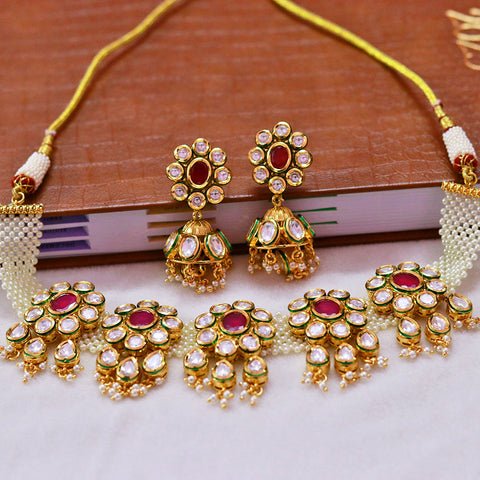 Designer Gold Plated Royal Kundan & Ruby Choker Style Necklace With Earrings (D575)