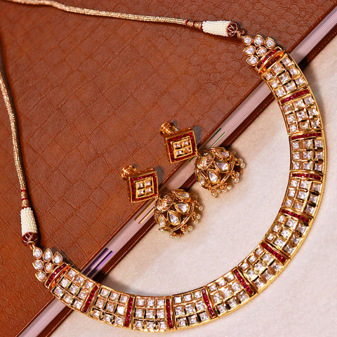 Designer Gold Plated Royal Kundan & Ruby Necklace With Earrings (D578)