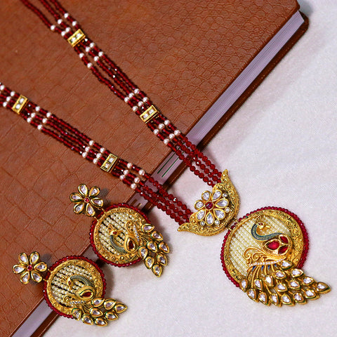 Designer Gold Plated Royal Kundan Peacock Pendant with Red & White Beaded (D601)