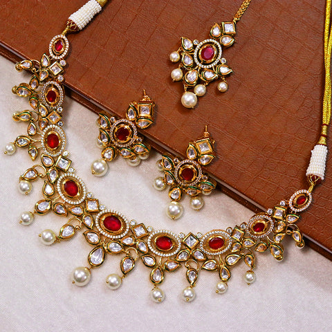 Designer Royal Kundan Ruby Necklace with Earrings & Mangtikka (D598)