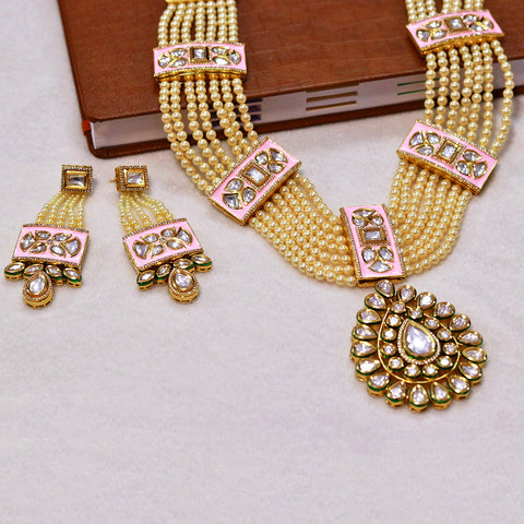 Designer Gold Plated Royal Kundan & Pink Long Necklace Set (D605)