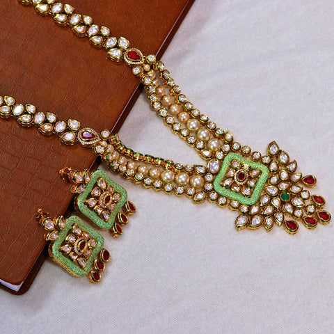 Designer Royal Kundan Red & Green Long Necklace with Earrings (D592)