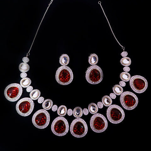 Designer Semi-Precious American Diamond & Ruby Necklace with Earrings (D477)