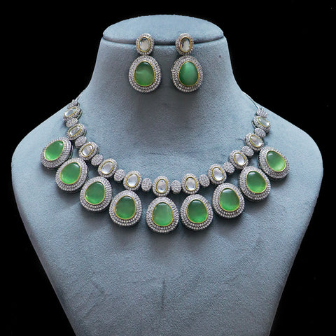 Designer Semi-Precious American Diamond & Mint Green Necklace with Earrings (D476)