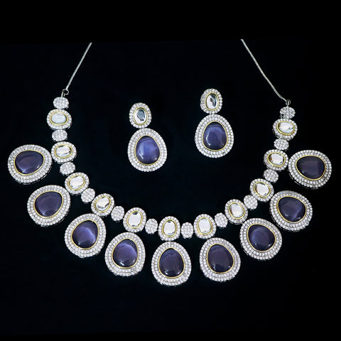 Designer Semi-Precious American Diamond & Blue Sapphire Necklace with Earrings (D480)