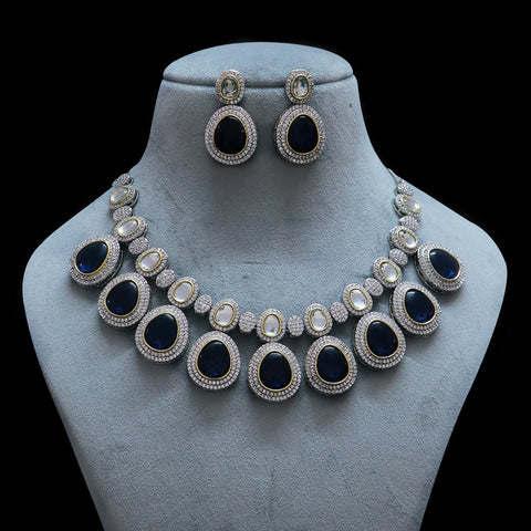 Designer Semi-Precious American Diamond & Blue Necklace with Earrings (D482)