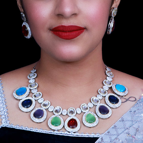 Designer Semi-Precious American Diamond & Multi Colour Necklace with Earrings (D478)