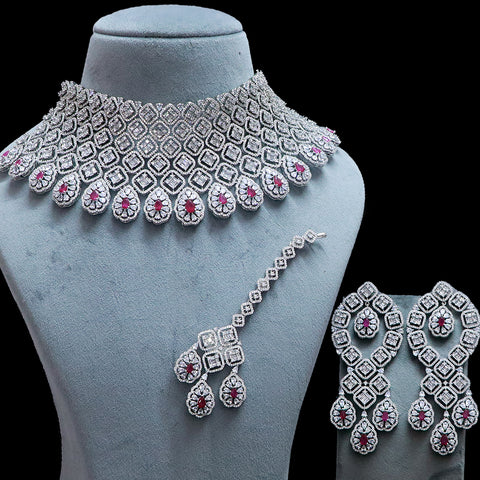 Designer Semi-Precious American Diamond & Ruby Necklace with Earrings (D473)