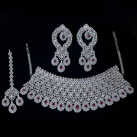 Designer Semi-Precious American Diamond & Ruby Necklace with Earrings (D473)