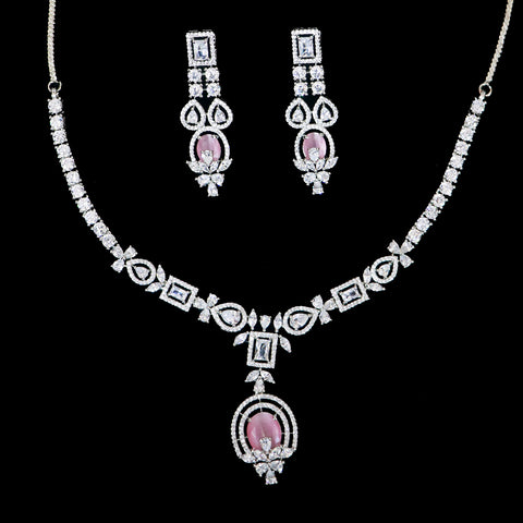 Designer Semi-Precious American Diamond & Pink Necklace with Earrings (D484)