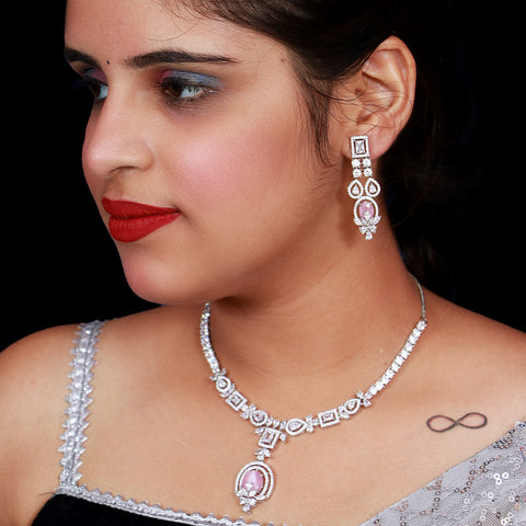 Designer Semi-Precious American Diamond & Pink Necklace with Earrings (D484)