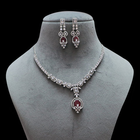 Designer Semi-Precious American Diamond & Ruby Necklace with Earrings (D483)