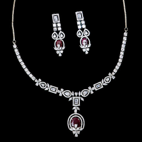 Designer Semi-Precious American Diamond & Ruby Necklace with Earrings (D483)