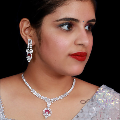 Designer Semi-Precious American Diamond & Ruby Necklace with Earrings (D483)