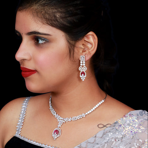 Designer Semi-Precious American Diamond & Ruby Necklace with Earrings (D483)