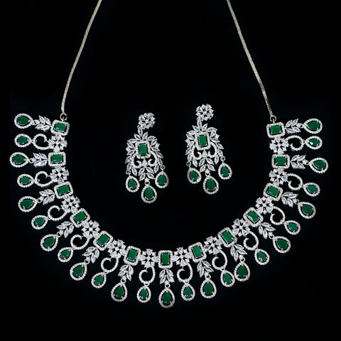Designer Semi-Precious American Diamond & Green Emerald Necklace with Earrings (D485)